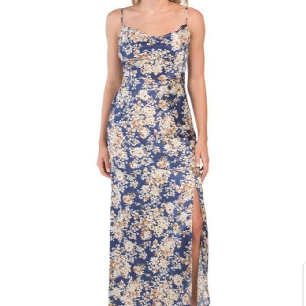 Sage Drape Floral Slip Zipper Adjustable Spaghetti Straps Dress In Blue size 12